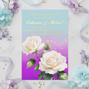 Invitación Con Relieve Metalizado Rosas Ombre Acuarela Azul Rosa Púrpura Boda