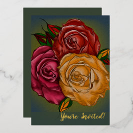 Invitación Con Relieve Metalizado Rosas pintadas cálidas personalizables elegantes