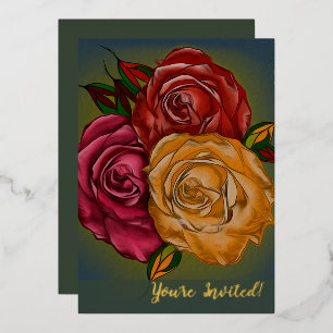 Invitación Con Relieve Metalizado Rosas pintadas cálidas personalizables elegantes