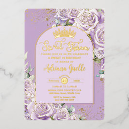 Invitación Con Relieve Metalizado Rosas Purple Lilac Floral Gold Sweet 16 Cumpleaños