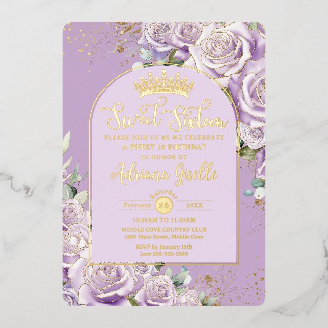 Invitación Con Relieve Metalizado Rosas Purple Lilac Floral Gold Sweet 16 Cumpleaños (Anverso)