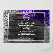 Rosas púrpura brillantes Madera y encaje Boda rúst