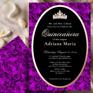 Invitación Con Relieve Metalizado Rosas Purpura Elegante Rosa Dorada Quinceanera  