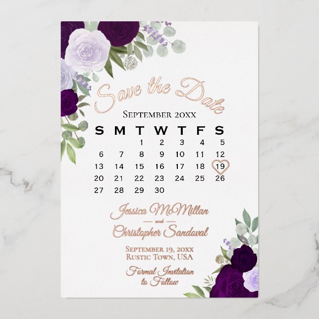 Invitación Con Relieve Metalizado Rosas púrpura elegante salven la fecha Rosa de oro (Anverso)
