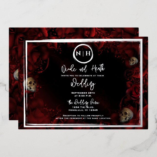 Invitación Con Relieve Metalizado Rosas Rojas Calaveras Floral Oscuro Bodas Foto Pla (Anverso/Reverso)