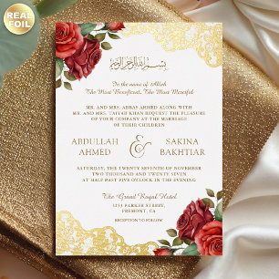 Invitación Con Relieve Metalizado Rosas Rojas Encaje Dorado Código QR Boda Musulmana