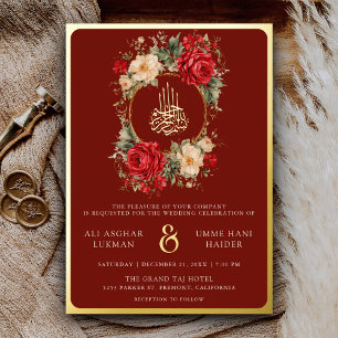 Invitación Con Relieve Metalizado Rosas rojas Flores de marfil Musulmán de boda Marr