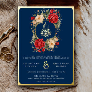 Invitación Con Relieve Metalizado Rosas rojas flores marfil azul marrón boda oro