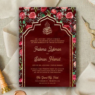 Invitación Con Relieve Metalizado Rosas Rojas Granate Floral Boda Musulmana Dorado
