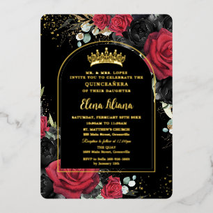 Invitación Con Relieve Metalizado Rosas Rojas Negras Arco Floral Quinceañera Dulces