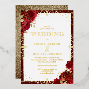 Invitación Con Relieve Metalizado Rosas rojas reales románticas elegantes boda oro