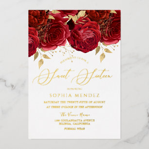 Invitación Con Relieve Metalizado Rosas Rojas Románticas Elegantes Fiesta Dulces 16