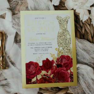 Invitación Con Relieve Metalizado Rosas Rojas y Borde de Papel de Oro Baño Nupcial