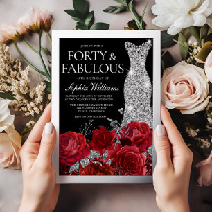 Invitación Con Relieve Metalizado Rosas Rojas y Cumpleaños 40 Negro Plata