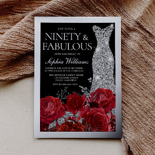 Invitación Con Relieve Metalizado Rosas Rojas y Hoja de Plata Cumpleaños 90 Negro