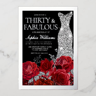 Invitación Con Relieve Metalizado Rosas Rojas y Hoja de Plata Cumpleaños Negro 30