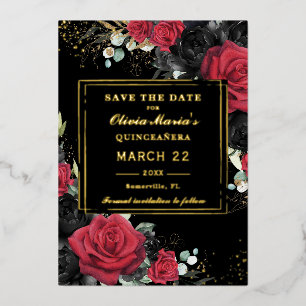 Invitación Con Relieve Metalizado Rosas Rojas y Negras Floral Quinceañera Salva la F