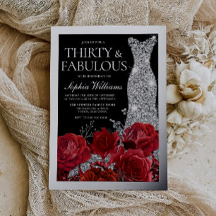 Invitación Con Relieve Metalizado Rosas Rojas y Papel de Plata Cumpleaños Negro 30