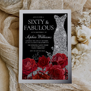 Invitación Con Relieve Metalizado Rosas Rojas y Papel de Plata Cumpleaños Negro 60