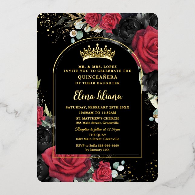 Invitación Con Relieve Metalizado Rosas rojos negros floral Quinceanera dulce 16 arc (Anverso)