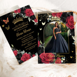 Invitación Con Relieve Metalizado Rosas rojos negros Floral Quinceañera Sweet 16 Fot