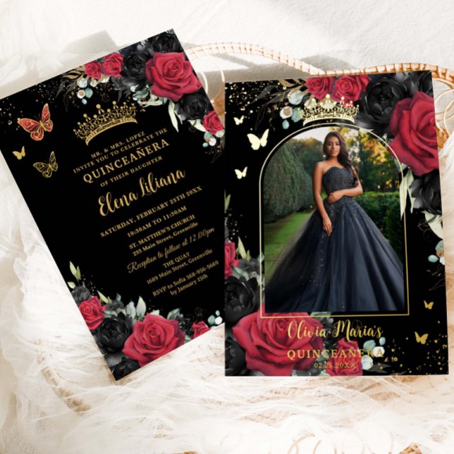 Invitación Con Relieve Metalizado Rosas rojos negros Floral Quinceañera Sweet 16 Fot (Subido por el creador)