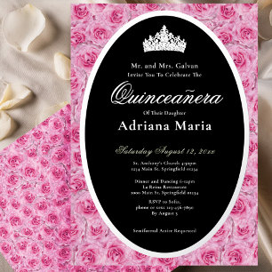 Invitación Con Relieve Metalizado Rosas rosadas elegantes quinceañera floral de plat
