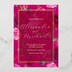 Invitación Con Relieve Metalizado Rosas rosadas en Viva Magenta Boda