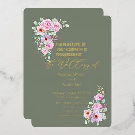 Invitación Con Relieve Metalizado Rosas rosadas eucalipto verde cálido 