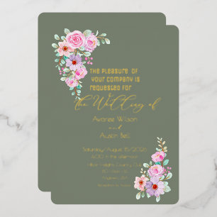 Invitación Con Relieve Metalizado Rosas rosadas eucalipto verde cálido 