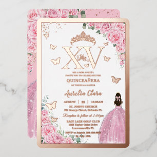 Invitación Con Relieve Metalizado Rosas rosadas florales Quinceanera Mis XV Rosa Dor