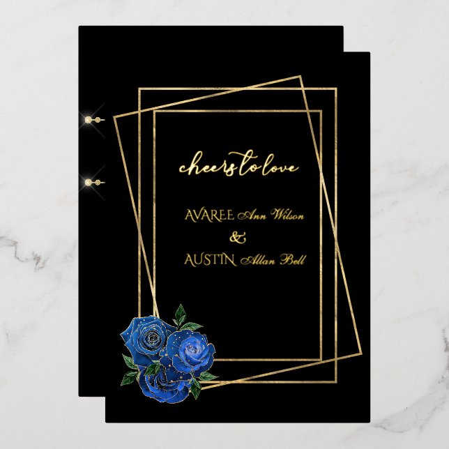 Invitación Con Relieve Metalizado Rosas Royal Blue Glam y Black and Gold (Anverso/Reverso)