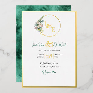 Invitación Con Relieve Metalizado Rosas Rubor de oro de color verde esmeralda de mod