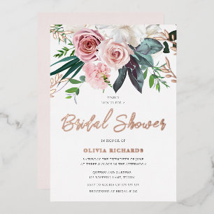 Invitación Con Relieve Metalizado Rosas Tropicales Rosadas Bridal Shower Rosa Dorado