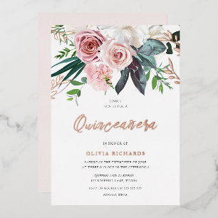 Invitación Con Relieve Metalizado Rosas Tropicales Rosadas Quinceanera Party