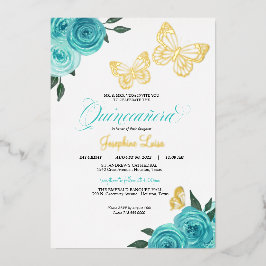 Invitación Con Relieve Metalizado Rosas turquesa de mariposa Quinceanera Real