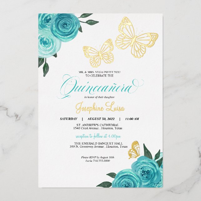 Invitación Con Relieve Metalizado Rosas turquesa de mariposa Quinceanera Real (Anverso)
