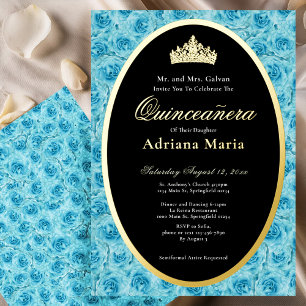 Invitación Con Relieve Metalizado Rosas Turquesa Elegantes Quinceañera Floral Dorada
