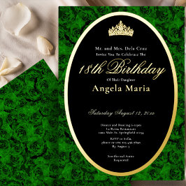 Invitación Con Relieve Metalizado Rosas Verdes Clásicas Debut de 18 Cumpleaños en Or