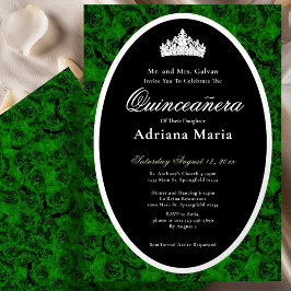 Invitación Con Relieve Metalizado Rosas Verdes Elegante Floral de Plata Quinceañera 