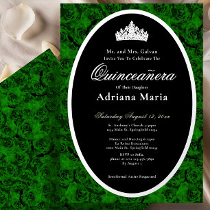 Invitación Con Relieve Metalizado Rosas Verdes Elegante Floral de Plata Quinceañera 