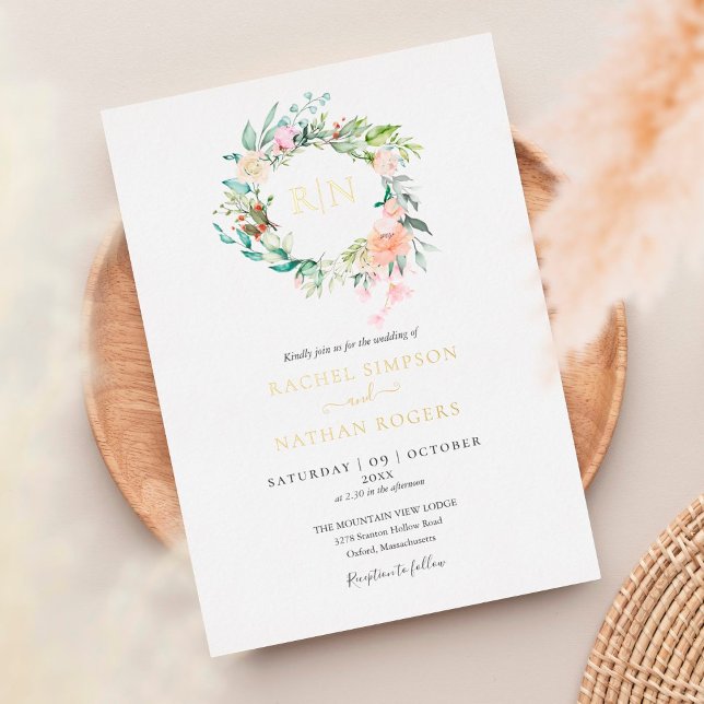 Invitación Con Relieve Metalizado Rosas Verdor Floral Boda Monograma Oro (Subido por el creador)
