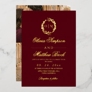 Invitación Con Relieve Metalizado Rosas Vides Borgoña Dinero Antiguo Boda