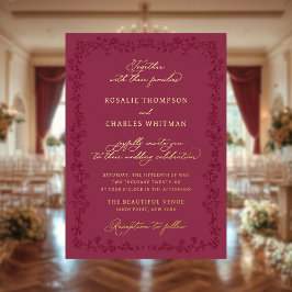 Invitación Con Relieve Metalizado Rosas Vintage Burgundy Marco Floral Boda
