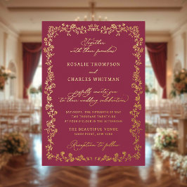 Invitación Con Relieve Metalizado Rosas Vintage Burgundy Marco Floral Boda