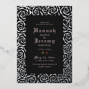 Invitación Con Relieve Metalizado Rosas Vintage Elegantes Plata Negra