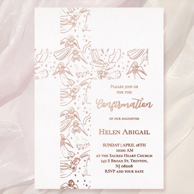 Invitación Con Relieve Metalizado rose gold angels pattern cross Confirmation (Subido por el creador)