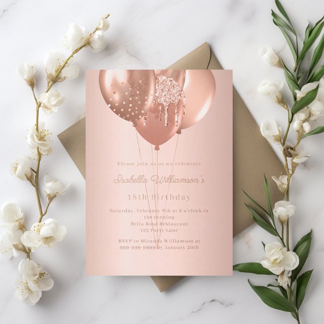 Invitación Con Relieve Metalizado Rose gold balloons luxury birthday  (Subido por el creador)