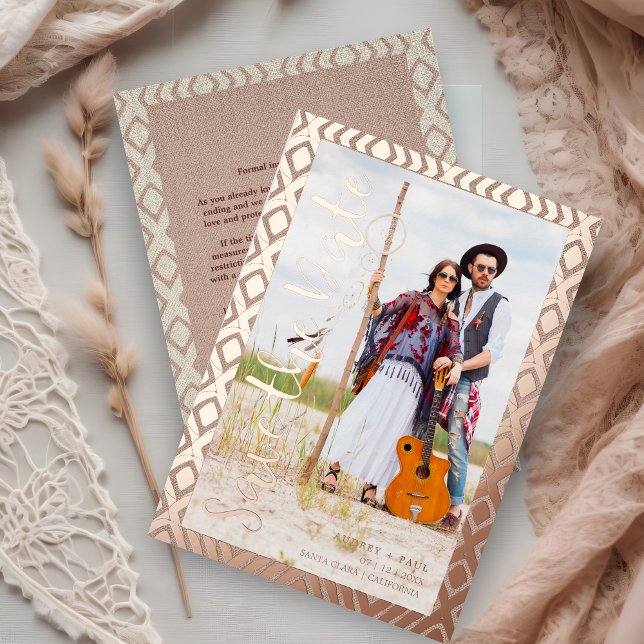Invitación Con Relieve Metalizado Rose Gold Bohemian Tribal Textile Background Photo (Real Rose Gold Bohemian Tribal Textile Texture Background Photo Couple Metallic Foil Save the Date.)