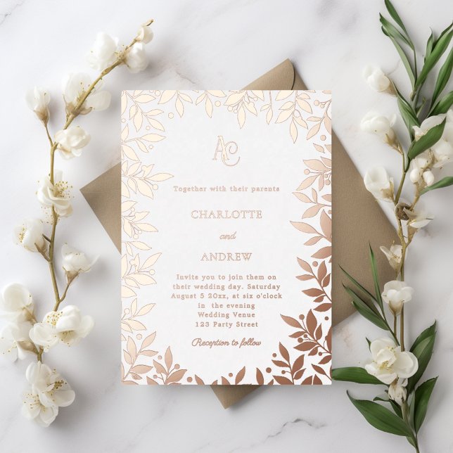 Invitación Con Relieve Metalizado Rose gold botanical monogram luxury wedding (Subido por el creador)